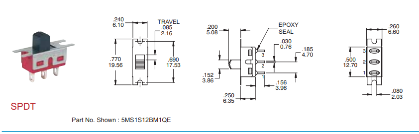 Pārslēdzējs slīdbīdņu SP3T, 2A/250VAC, 5A/28VDC, ON-OF-ON, 19.56x6.1x6.35mm, L=5.08mm, taisns, viens kontakts uz trīm stāvoklim