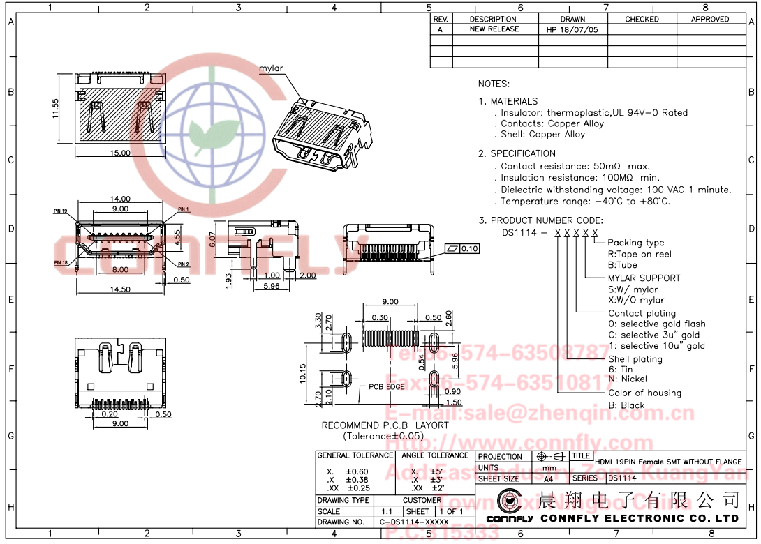 HDMI ligzda SMD, horizontals, uz šasija, 4 piestiprinājuma punkti THT