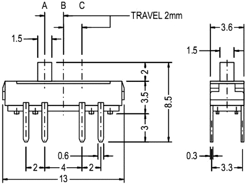 Pārslēdzējs slīdbīdņu DP3T, 0.3A/6VDC, OFF-ON-ON, 13x3.6x3.5mm, L=2mm, taisns, divi kontakti uz trīm stāvoklim