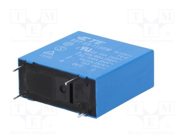 Relejs DC12V, SPST-NO, 10A/250VAC, 10A/24VDC, 620R(19.3mA), viens kontakts uz saslēgšanu, 24x10x25mm, TE Connectivity
