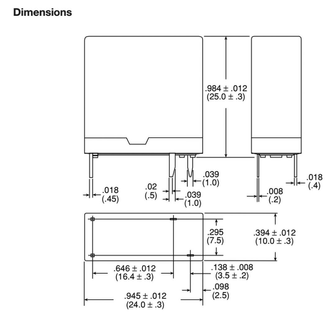 Relejs DC12V, SPST-NO, 10A/250VAC, 10A/24VDC, 620R(19.3mA), viens kontakts uz saslēgšanu, 24x10x25mm, TE Connectivity