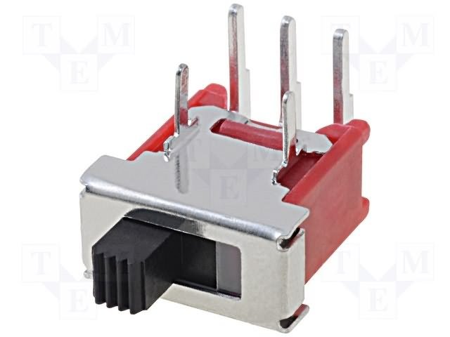 Pārslēdzējs slīdbīdņu SPDT, 3A/120VAC, 3A/28VDC, ON-ON, 10.2x5.08x9.2mm, L=3.1mm, leņķisks, viens kontakts uz divam stāvoklim