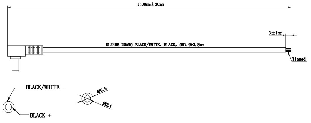 5.5*2.1mm, L=10mm, leņķisks štekers, 24V/3A, 0.5mm2, ar vadu 1.5m