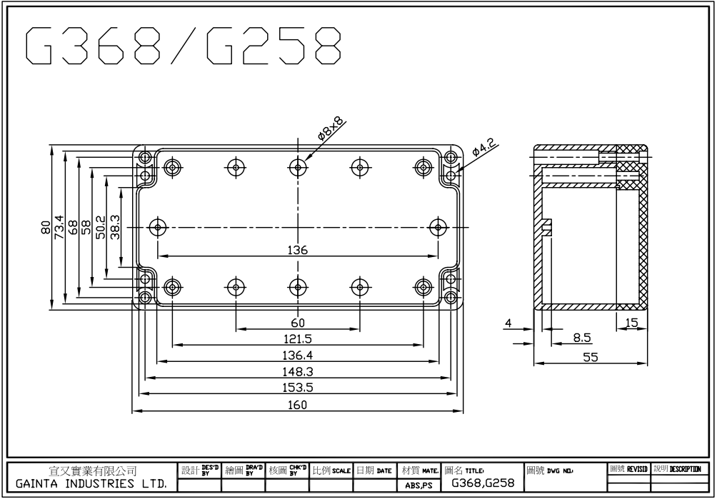 Plastmasas korpuss, 80x160x55mm, IP65, ABS, pelēkā krasa