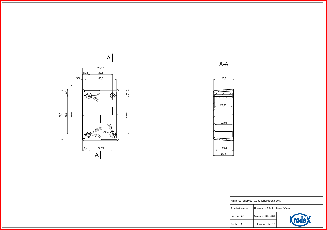 Plastmasas korpuss, 47x66x52mm, ABS, melnā krasa