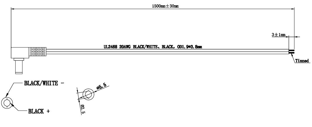 5.5*2.5mm, L=10mm, leņķisks štekers, 24V/3A, 0.5mm2, ar vadu 1.5m