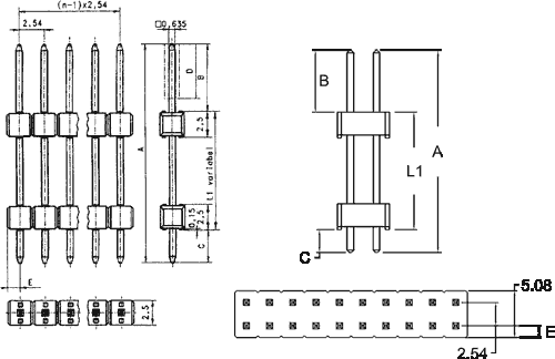 2.54mm 2x20pin štekers/štekers, starpplates savienotajs 10.4mm