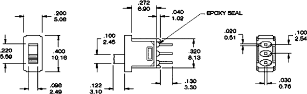 Pārslēdzējs slīdbīdņu SPDT, 1.5A/250VAC, ON-ON, 8.16x5.1x8mm, L=2.95mm, leņķisks, viens kontakts uz divam stāvoklim