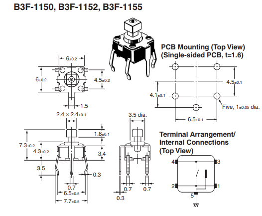 Mikroslēdzejs horizontāls, 6x6x4mm, SPST-NO, OFF-(ON), THT, 0.05A/24VDC, 1.47N, L=3.5mm, ar zeme, kvadrātveida stienis, OMRON