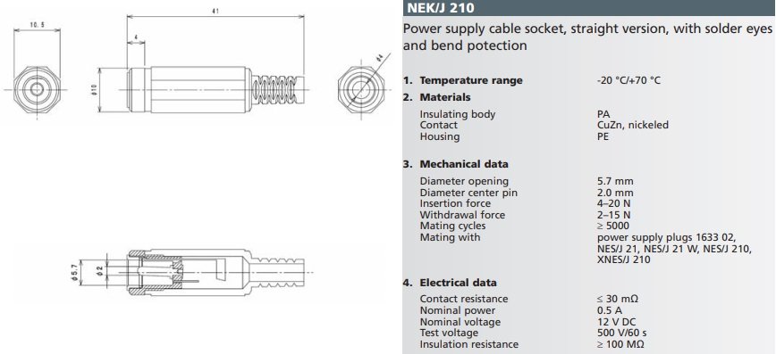 2.1*5.5mm, ligzda, lodējama, uz vadu, ar amortizatoru, 0.5A/12VDC, LUMBERG