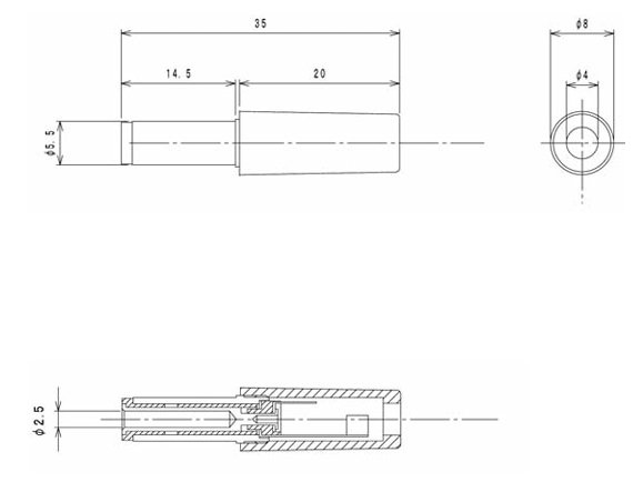 5.5x2.5mm, L=14mm, štekers, lodējams, uz vadu, taisns, melna krasa, 12VDC/1A, LUMBERG