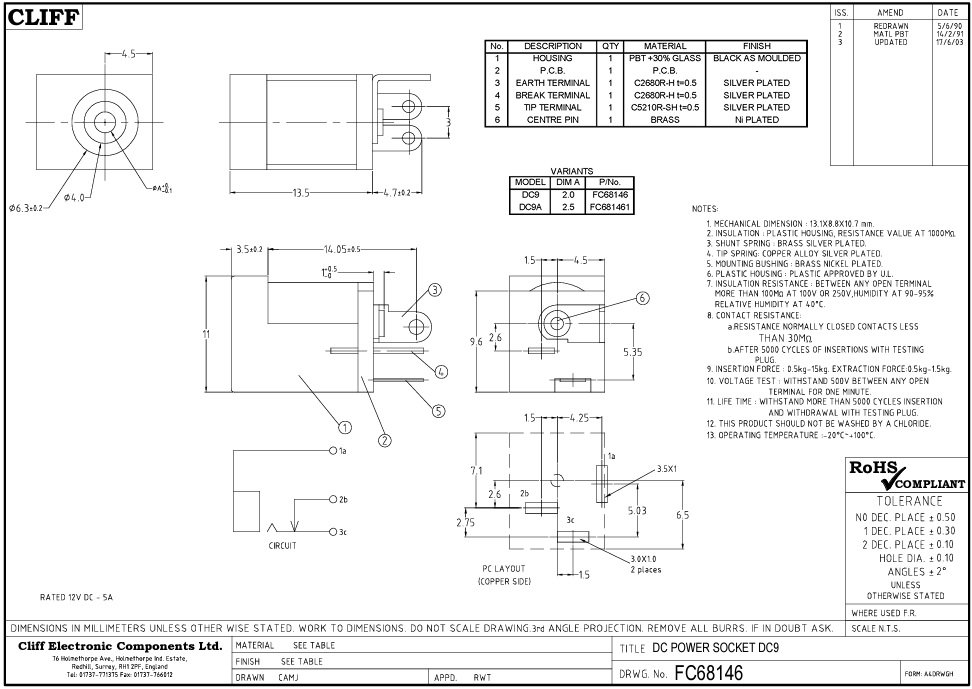 2.1*5.5mm, ligzda, vadam, on/off, 5A/12VDC, vertikala, CLIFF