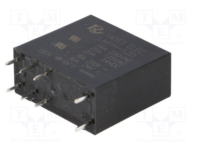 Relejs DC12V, SPDT, 16A/250VAC, 16A/30VDC, 270R(44.4mA), viens kontakts uz pārslēgšanu, AgCdO, 29.4x12.5x25.5mm, RAYEX ELECTRONICS