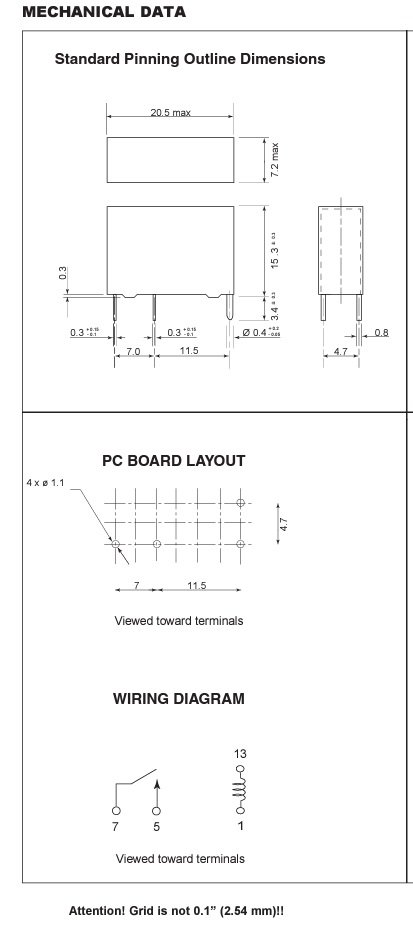Relejs DC12V, SPST-NO, 5A/250VAC, 5A/30VDC, 720R(16.7mA), viens kontakts uz saslēgšanu, 20.5x7.2x15.3mm, ZETTLER