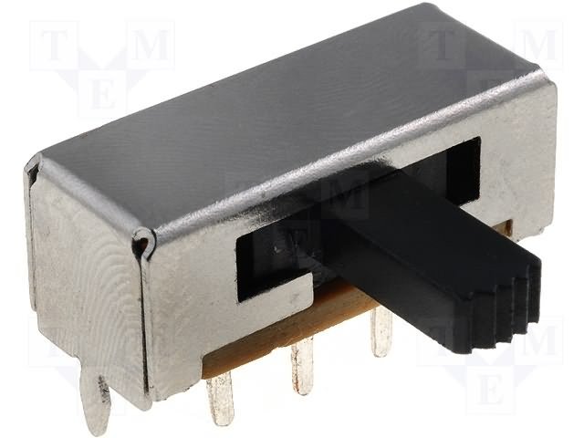 Pārslēdzējs slīdbīdņu DP3T, 1A/125VDC, ON-ON-ON, 8pin, 25x10x10mm, L=10.9mm, leņķisks, divi kontakti uz trīm stāvoklim