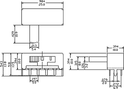 Pārslēdzējs slīdbīdņu DP3T, 1A/125VDC, ON-ON-ON, 8pin, 25x10x10mm, L=10.9mm, leņķisks, divi kontakti uz trīm stāvoklim