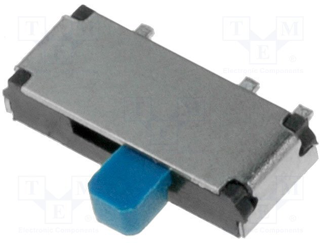 Pārslēdzējs slīdbīdņu SPDT, 0.3A/4VDC, ON-ON, SMD, 6.7x2.7mm, leņkisks, L=1.5mm, viens kontakts uz divam stāvoklim