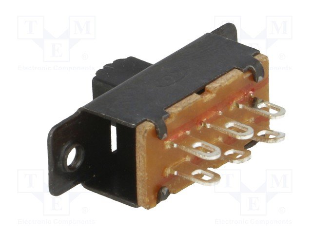 Pārslēdzējs slīdbīdņu DPDT, 0,5A/24VDC, ON-ON, 23.3x7.5x8.1mm, L=4mm, divi kontakti uz divam stāvoklim