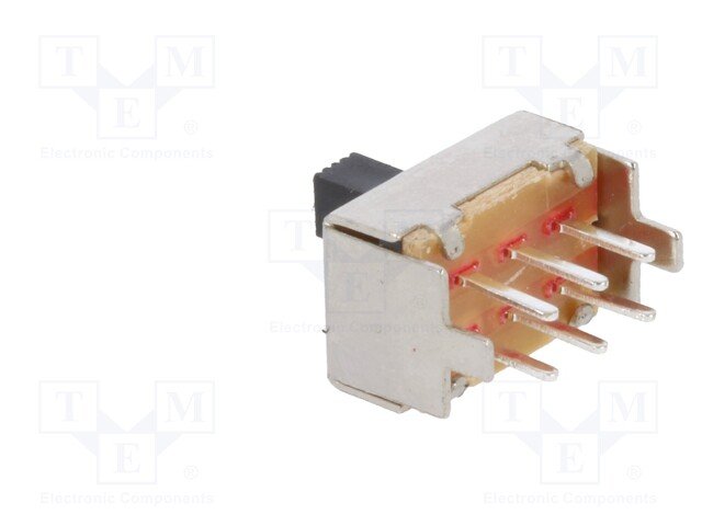 Pārslēdzējs slīdbīdņu DPDT, 0,5A/50VDC; ON-ON,11x10x6.8mm, L=4mm, taisns, divi kontakti uz divam stāvoklim