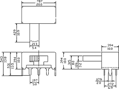 Pārslēdzējs slīdbīdņu DPDT, 1A/125VDC, ON-ON, 20x10x10mm, L=10.9mm, leņķisks, divi kontakti uz divam stāvoklim