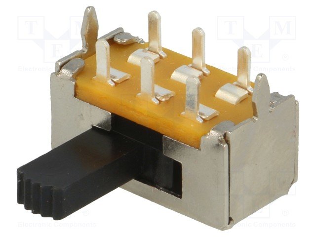 Pārslēdzējs slīdbīdņu DPDT, 1A/125VDC, ON-ON, 20x10x10mm, L=10.9mm, leņķisks, divi kontakti uz divam stāvoklim