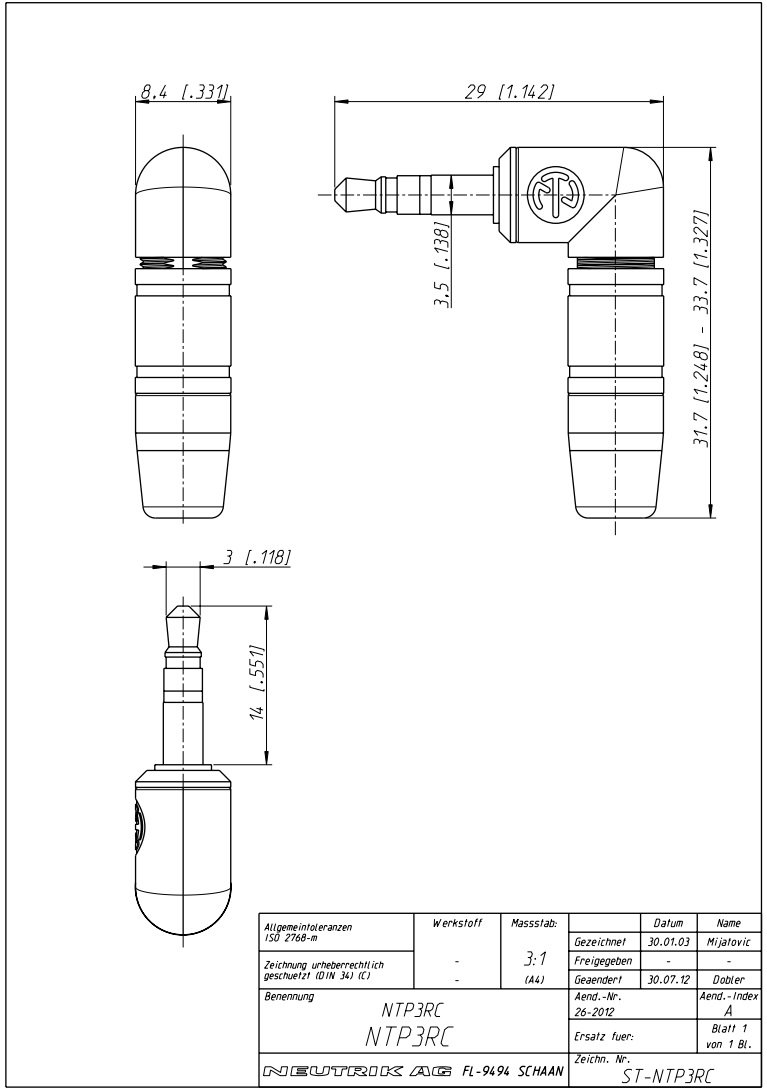3.5mm štekers, stereo, metālisks, uz vadu, leņķisks, NEUTRIK