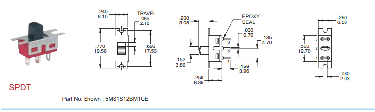Pārslēdzējs slīdbīdņu SPDT, 5A/120VAC; 5A/28VDC; ON-(ON), 19.56x6.1x6.35mm, L=5.08mm, taisns, viens kontakts uz divam stāvoklim bēz fiksacījas