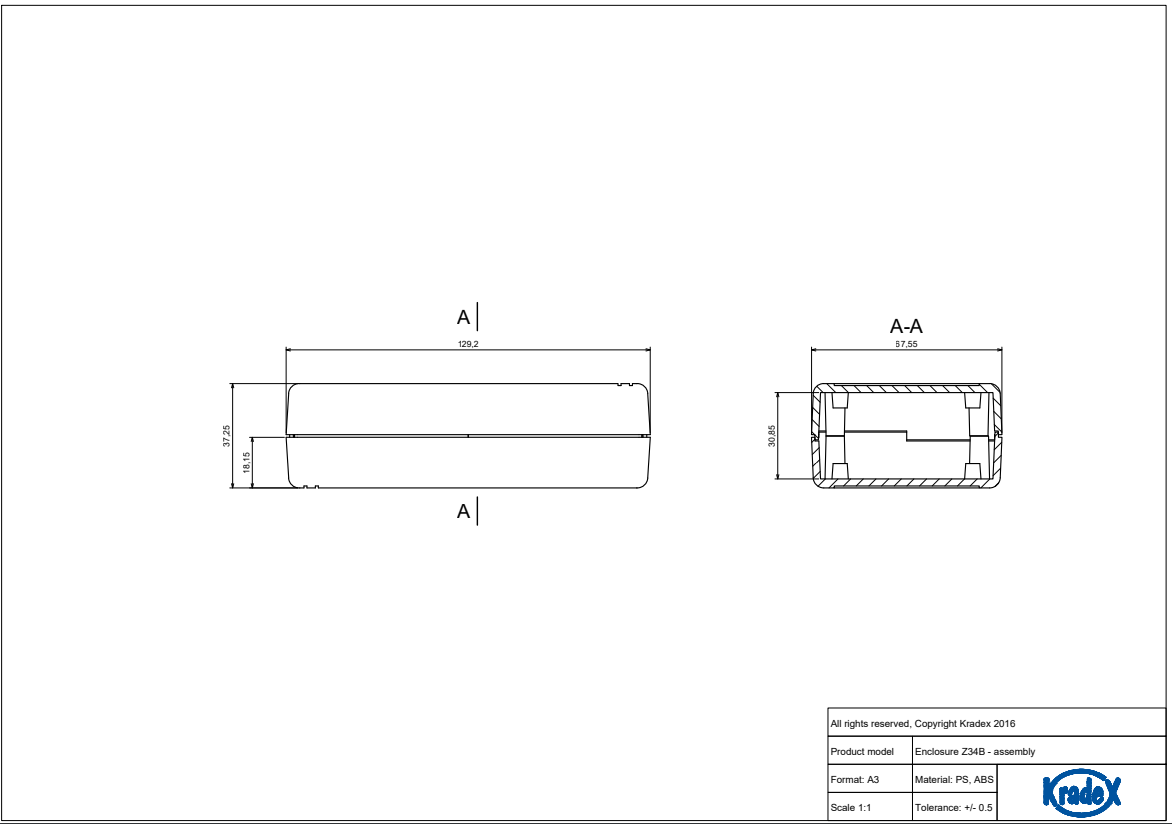 Plastmasas korpuss, 36x67x129mm, ABS, melnā krasa