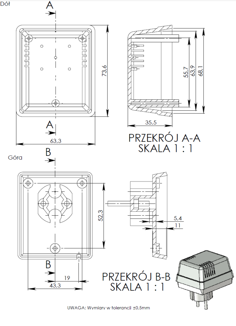 Plastmasas korpuss, 62x73x48mm, ABS, melnā krasa, barošanas avotam