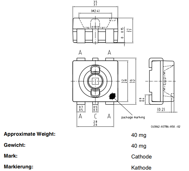 Gaismas diode SMD, sarkans, 3528, PLCC6, 3550...9000mcd, 620-629nm, 120grad., 1.9...2.5V/140mA, 3.5x2.8x1.7mm, OSRAM, PLCC6