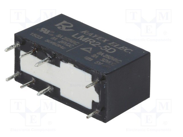 Relejs DC5V, DPDT, 2x5A/250VAC, 2x5A/30VDC, 47Ω(106mA), divi kontakti uz pārslēgšanu, 29x12.5x15.5mm, RAYEX ELECTRONICS