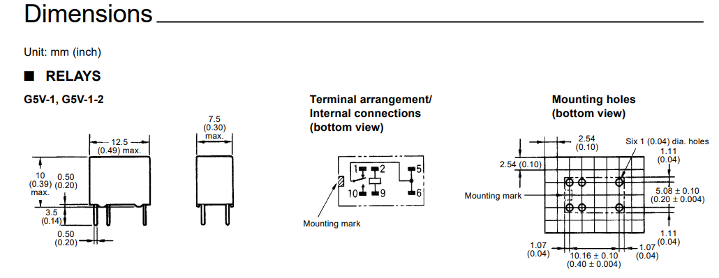 Relejs DC5V, SPDT, 0.5A/125VAC, 1A/24VDC, 166.7Ω(30mA), viens kontakts uz pārslēgšanu, 12.5x7.5x10mm, OMRON
