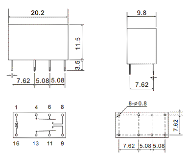 Relejs DC12V, DPDT, 2x1A/125VAC, 2x1.25A/30VDC, 960R(12.5mA), divi kontakti uz pārslēgšanu, 20.5x10x11.4mm, RAYEX ELECTRONICS => RSM822-P-12(22128)