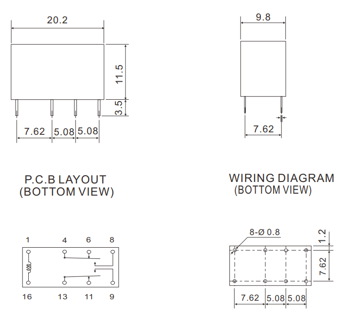 Relejs DC5V, DPDT, 2x1A/120VAC, 2A/30VDC, 167Ω(29.9mA), divi kontakti uz pārslēgšanu, 20.2x9.8x11.5mm, RAYEX ELECTRONICS