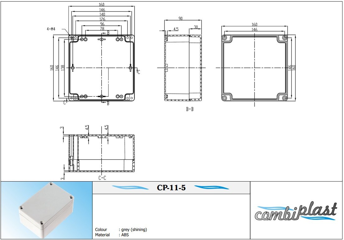 Plastmasas korpuss, 160x160x90mm, IP65, ABS, pelēkā krasa