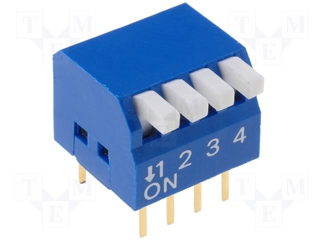 Pārslēdzējs slīdbīdņu DIP-4*2.54, ON-OFF, 0.05A/12VDC, pārslēdzējs uz stūra