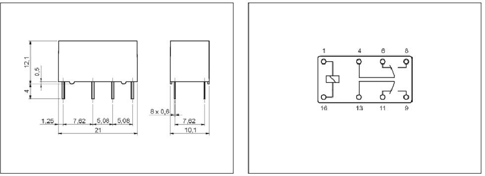Relejs DC12V, DPDT, 2x1A/120VAC, 2x2A/24VDC, 720R(16.6mA), divi kontakti uz pārslēgšanu, 20.5x10x11.4mm, RELPOL