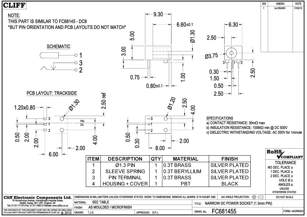 1.3*3.5mm, ligzda, THT, on/off, 1A/12VDC, mini, CLIFF