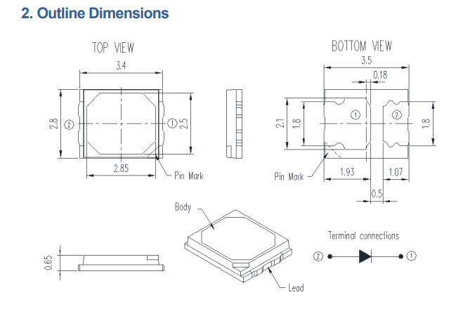 Gaismas diode SMD, aukstā balts(5000K), 2835, 24...30lm, 2.9...3.2V/60mA, 120grad., PLCC2