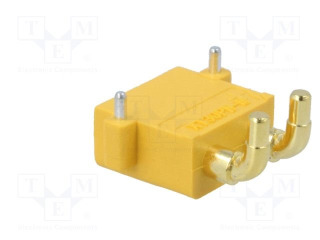 2Pin, XT30, "papa", 500V, 15A, lodejama PCB, leņķisks