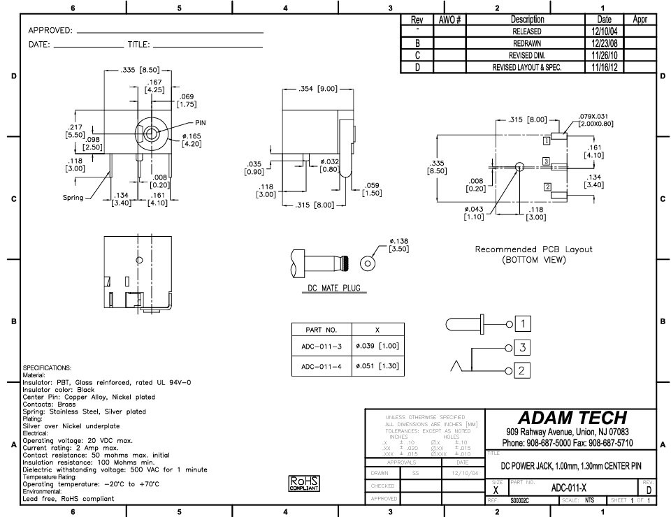 1.0*3.8mm, ligzda, THT, on/off, 1A/12VDC, ADAM TECH