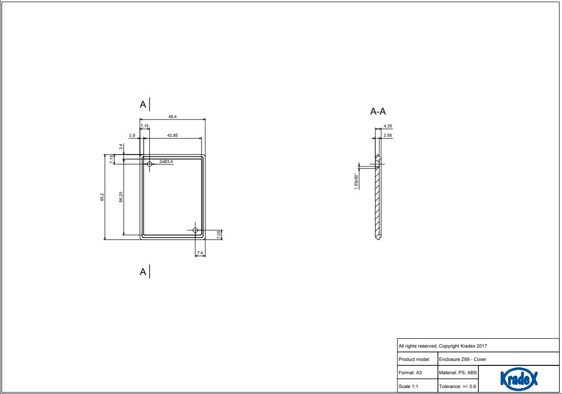 Plastmasas korpuss, 49x64x17mm, polistirens, pelēkā krasa