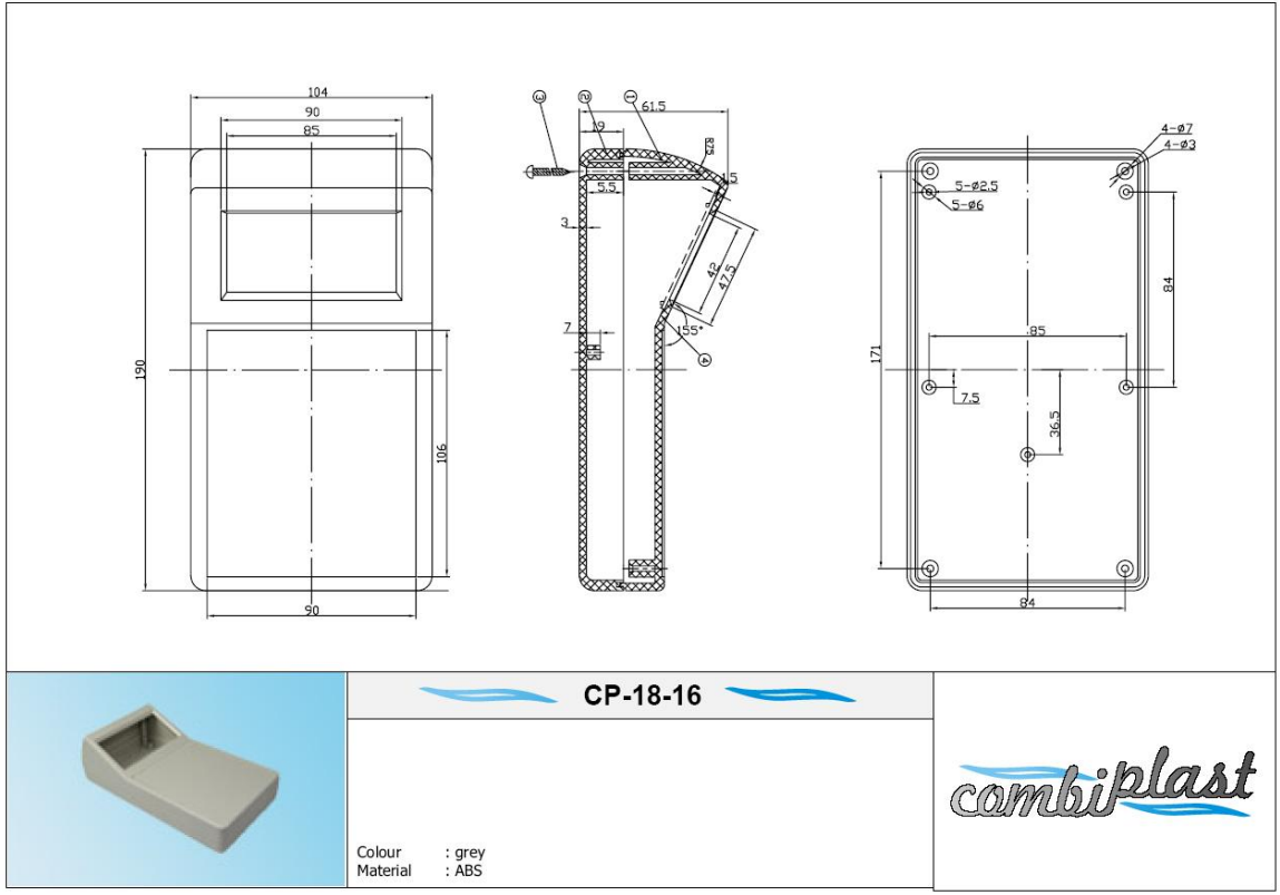 Plastmasas korpuss, 104x190x62/34mm, ABS, pelēkā krasa, ar logu