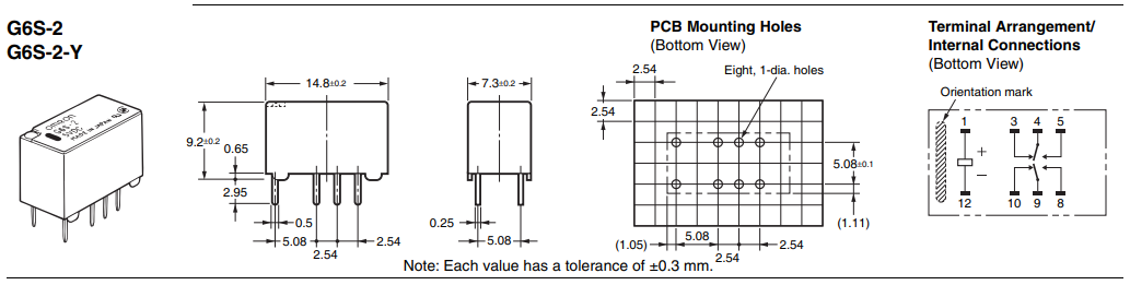 Relejs DC12V, DPDT, 0.5A/125VAC, 2A/30VDC, 1028Ω(11.6mA), divi kontakti uz pārslēgšanu, 14.8x7.3x9.2mm, OMRON