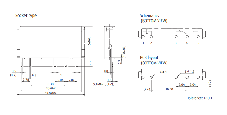 Relejs DC12V, SPDT, 6A/250VAC, 6A/24VDC, 847R(14mA), viens kontakts uz pārslēgšanu, 28x5x15mm, FUJITSU