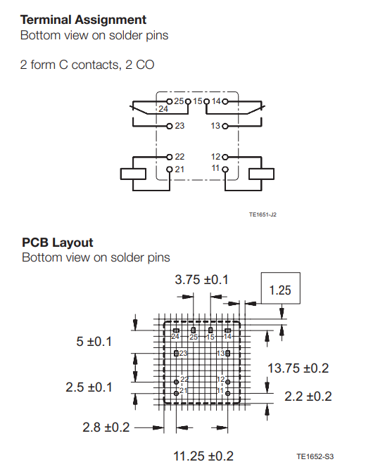Relejs ar 2 tinumiem, 12VDC, SPDTx2, 20A/12VDC, 255R(4.7mA), 17.5x16.8x13.2mm, divi kontakti parallelu uz pārslēgšanu, TE Connectivity
