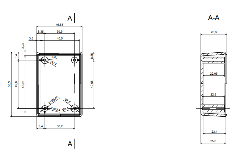 Plastmasas korpuss, 47x66x30mm, polistirens, peleka krasa, ar piestiprinājumiem