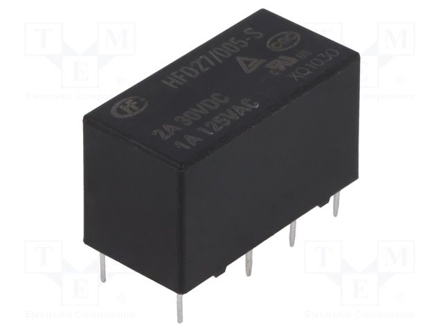 Relejs DC5V, DPDT, 2x1A/125VAC, 2x2A/30VDC, 125R(40mA), divi kontakti uz pārslēgšanu, 20.2x10x11.5mm, HONGFA RELAY