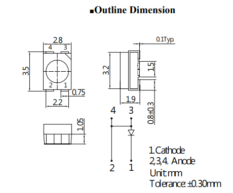 Gaismas diode SMD, oranžs, 3528, 2180-2800mCd, 2...2.6V/70mA, 600-610nm, 120grad., kopējs anods, PLCC4