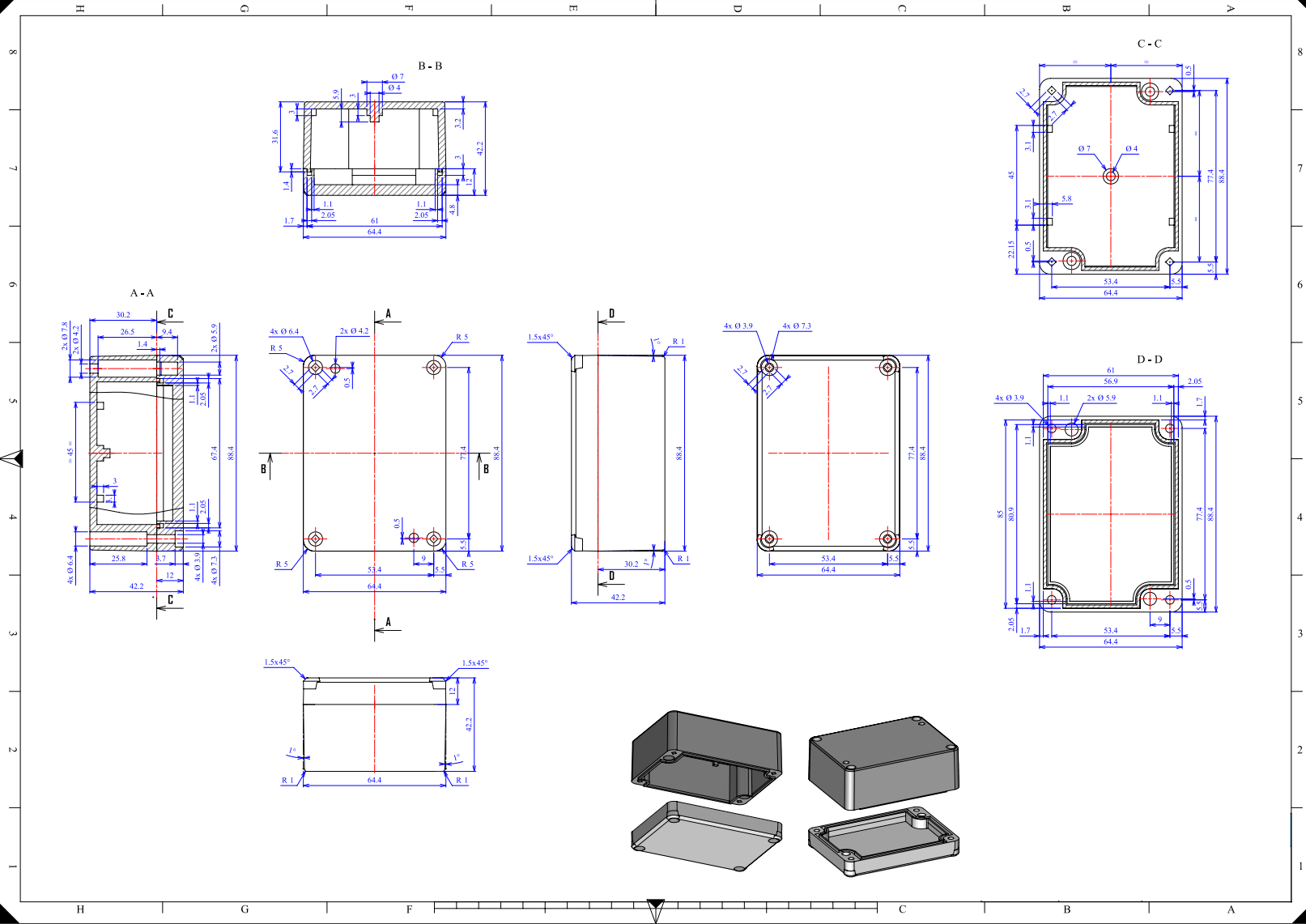 Plastmasas korpuss, 88x64x42mm, IP65, ABS, pelēkā krasa, ar caurspīdīgu vāku